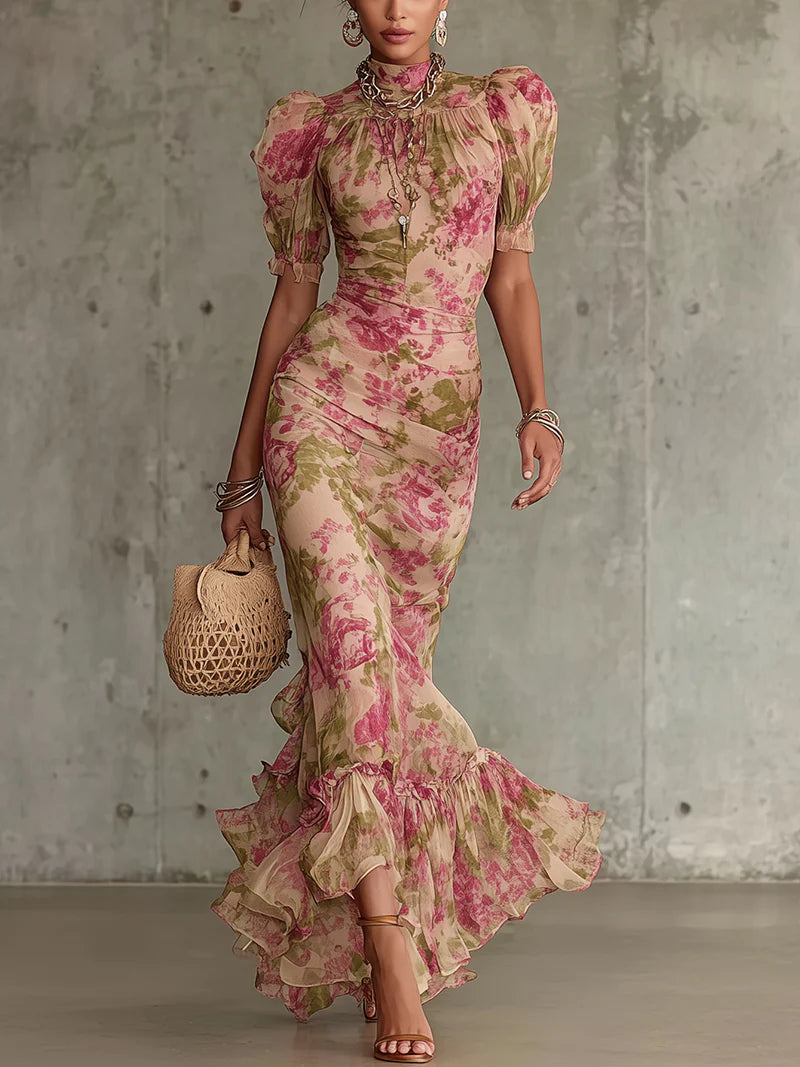 Vestido Maxi con Estampado Rosa Vintage y Mangas Abullonadas