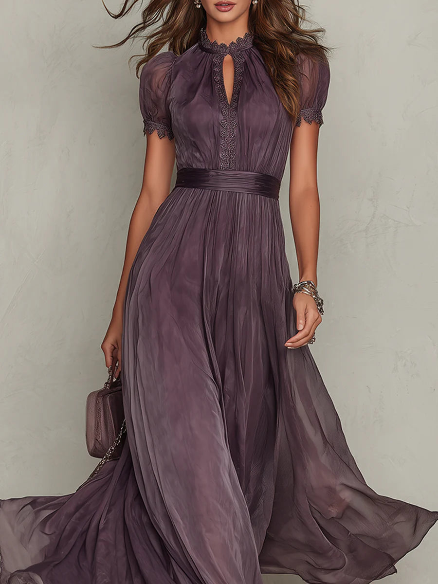 Vestido Maxi en Chiffon con Cuello Fruncido Morado