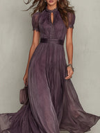 Vestido Maxi en Chiffon con Cuello Fruncido Morado