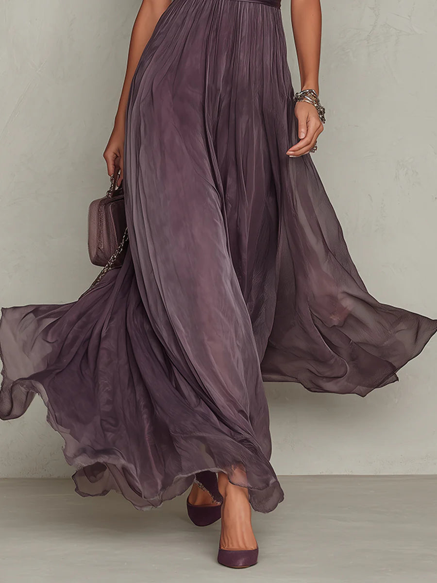 Vestido Maxi en Chiffon con Cuello Fruncido Morado
