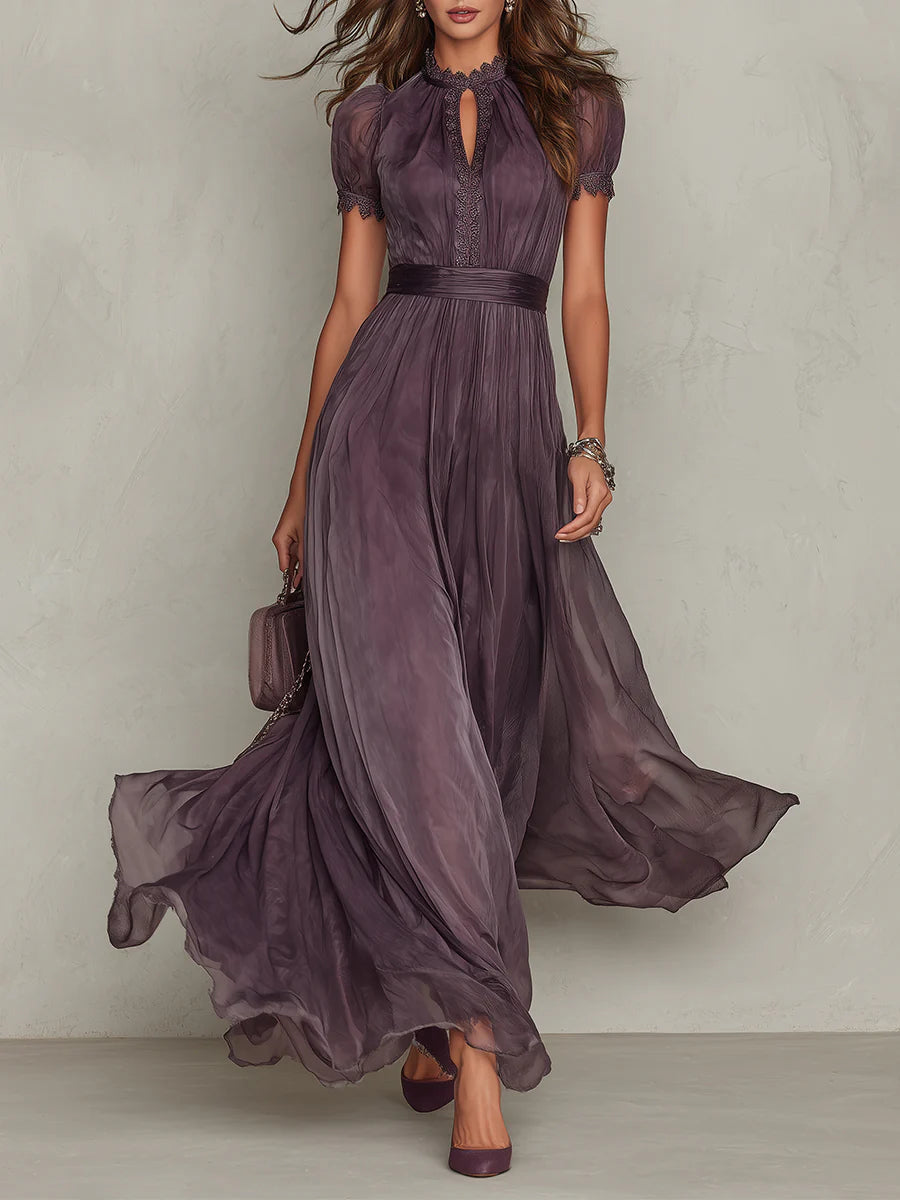 Vestido Maxi en Chiffon con Cuello Fruncido Morado