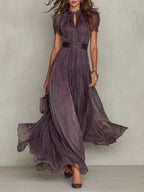 Vestido Maxi en Chiffon con Cuello Fruncido Morado