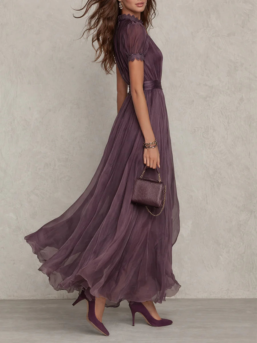 Vestido Maxi en Chiffon con Cuello Fruncido Morado
