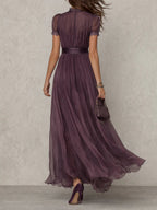 Vestido Maxi en Chiffon con Cuello Fruncido Morado