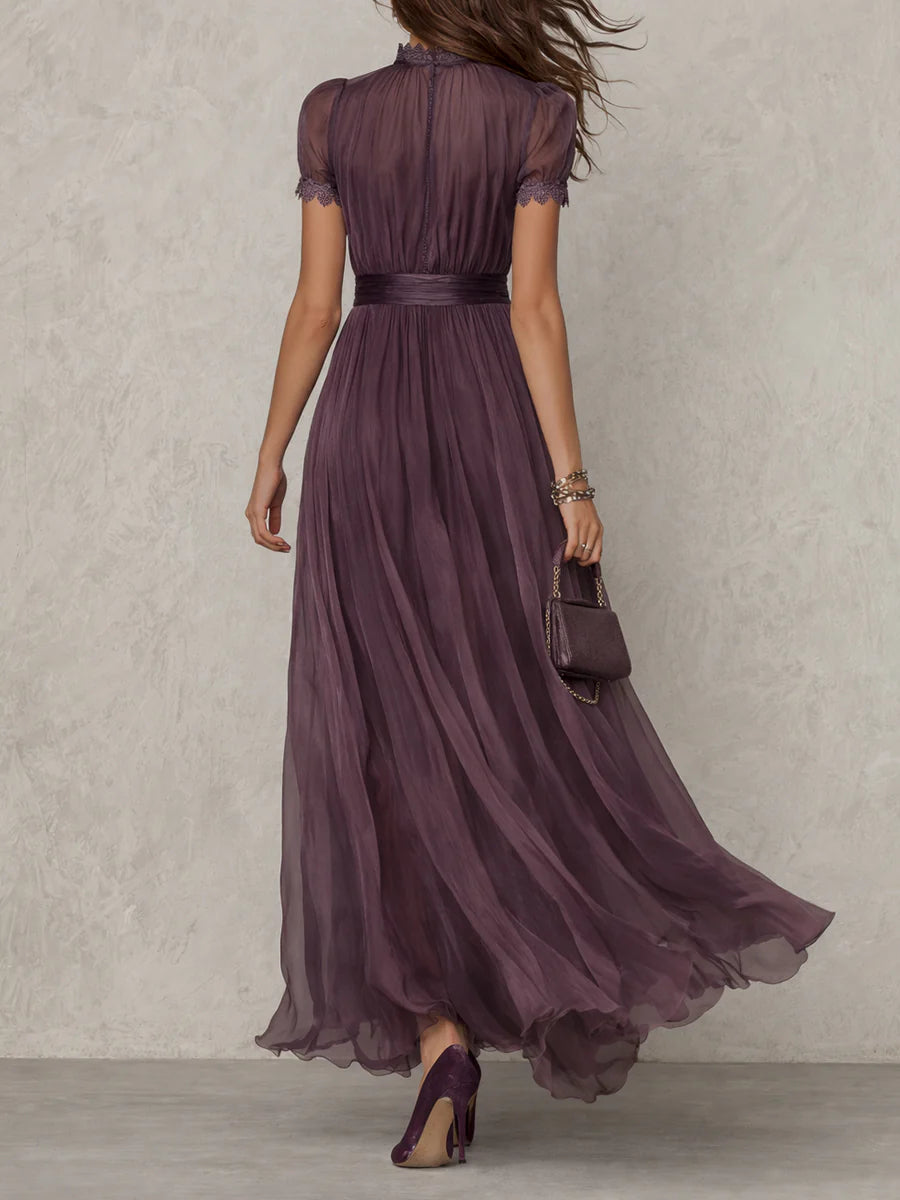 Vestido Maxi en Chiffon con Cuello Fruncido Morado