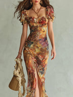 Vestido Maxi en Chiffon Naranja Estampado Acuarela
