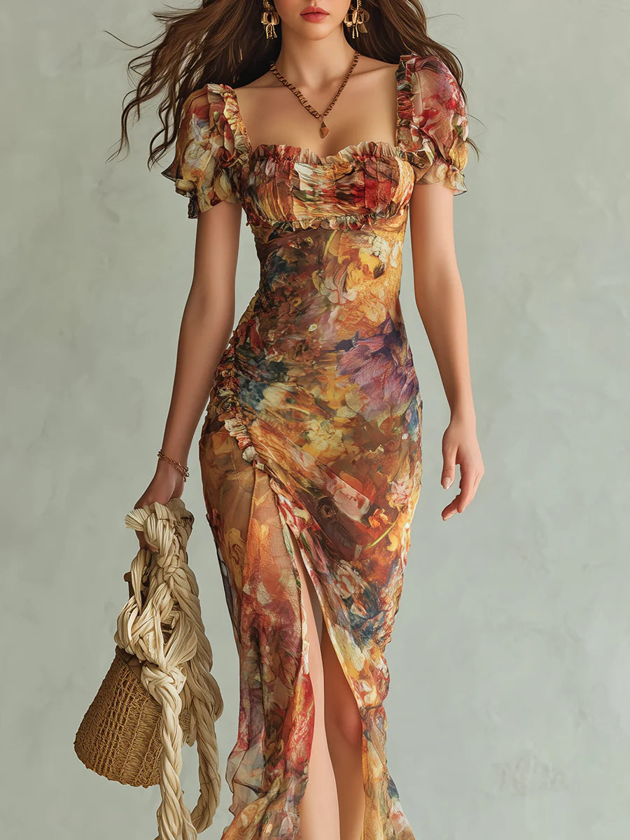 Vestido Maxi en Chiffon Naranja Estampado Acuarela