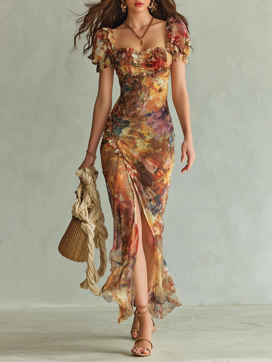 Vestido Maxi en Chiffon Naranja Estampado Acuarela