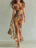 Vestido Maxi en Chiffon Naranja Estampado Acuarela