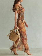 Vestido Maxi en Chiffon Naranja Estampado Acuarela