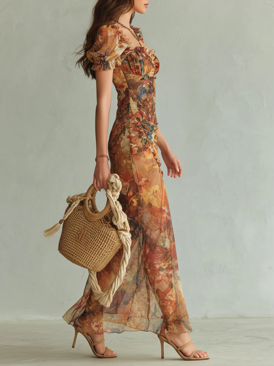 Vestido Maxi en Chiffon Naranja Estampado Acuarela