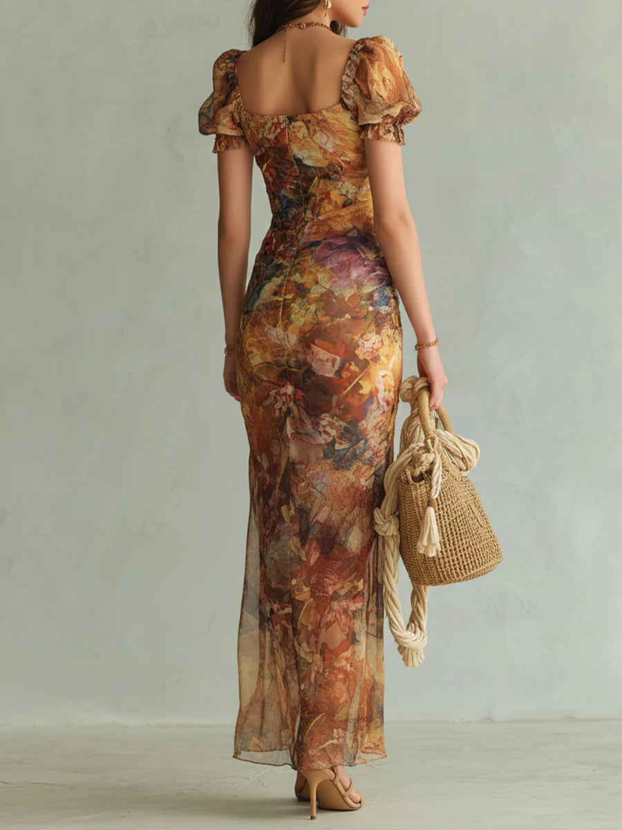 Vestido Maxi en Chiffon Naranja Estampado Acuarela