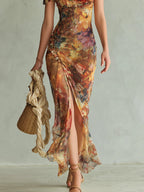 Vestido Maxi en Chiffon Naranja Estampado Acuarela