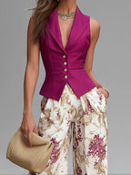 Conjunto Chaleco Rosa y Pantalón Ancho Floral