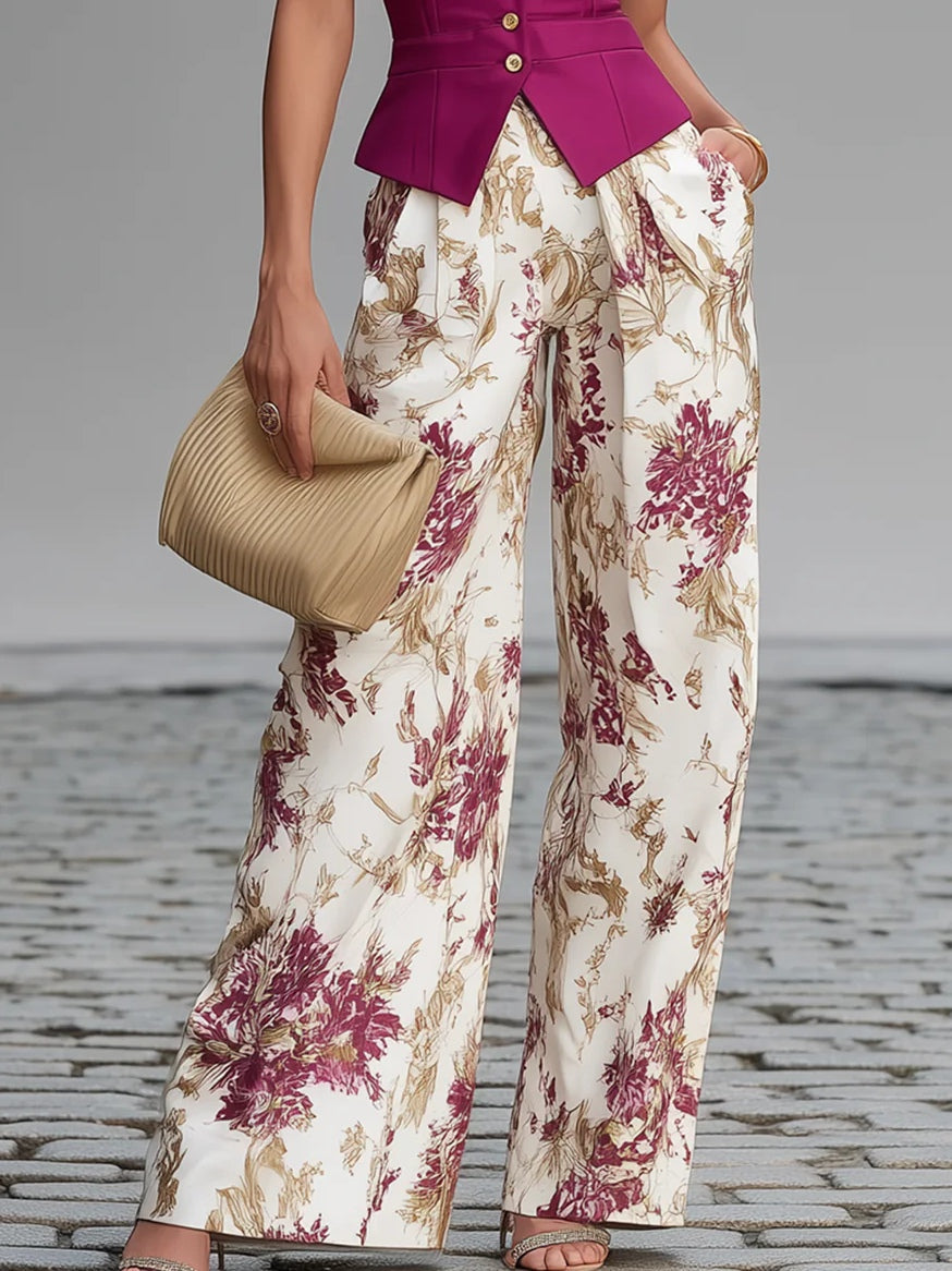 Conjunto Chaleco Rosa y Pantalón Ancho Floral