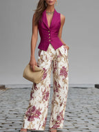 Conjunto Chaleco Rosa y Pantalón Ancho Floral