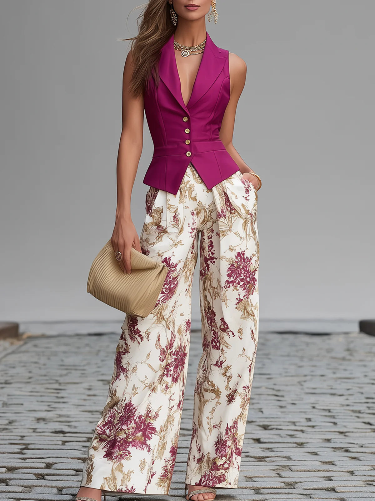 Conjunto Chaleco Rosa y Pantalón Ancho Floral