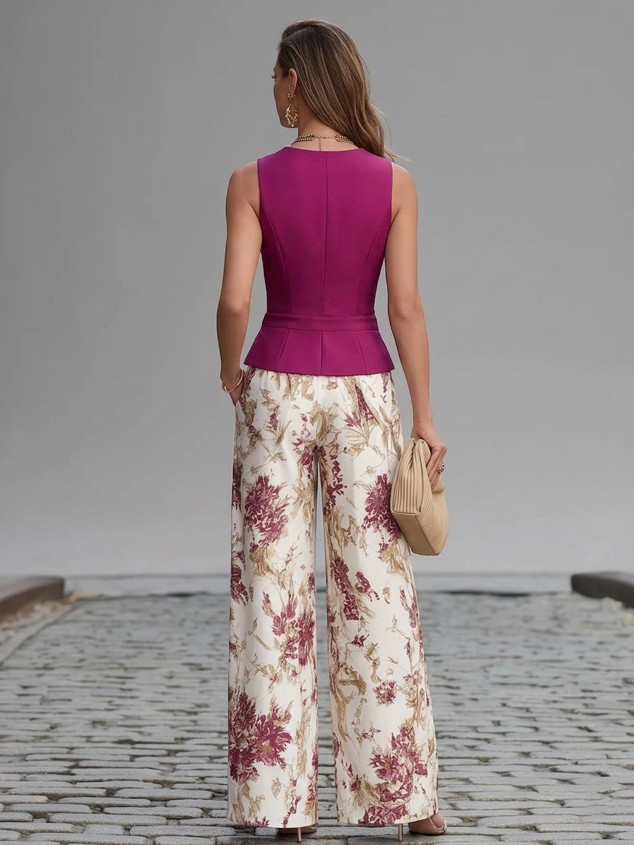 Conjunto Chaleco Rosa y Pantalón Ancho Floral