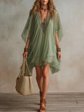 Vestido Mini Vaporoso en Chiffon Verde con Escote en V