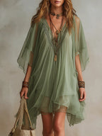 Vestido Mini Vaporoso en Chiffon Verde con Escote en V