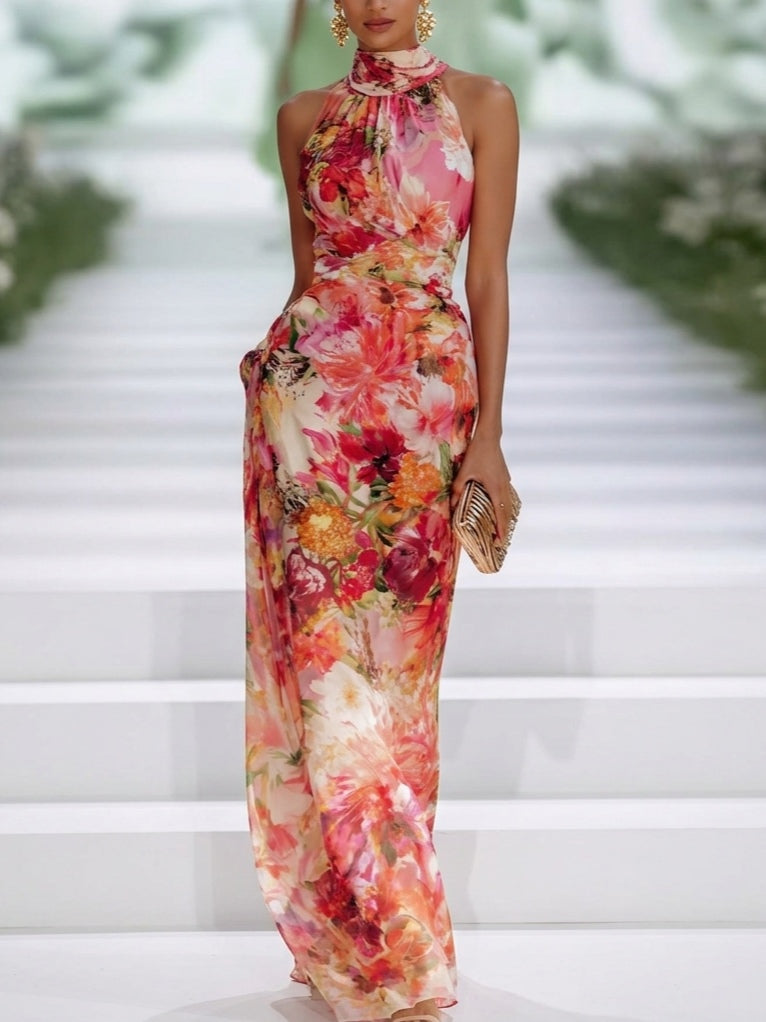 Vestido Maxi en Chiffon Rojo con Escote Halter