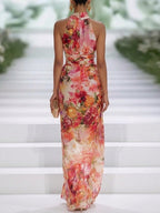 Vestido Maxi en Chiffon Rojo con Escote Halter