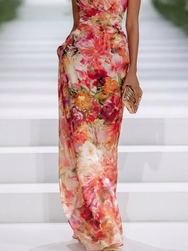 Vestido Maxi en Chiffon Rojo con Escote Halter