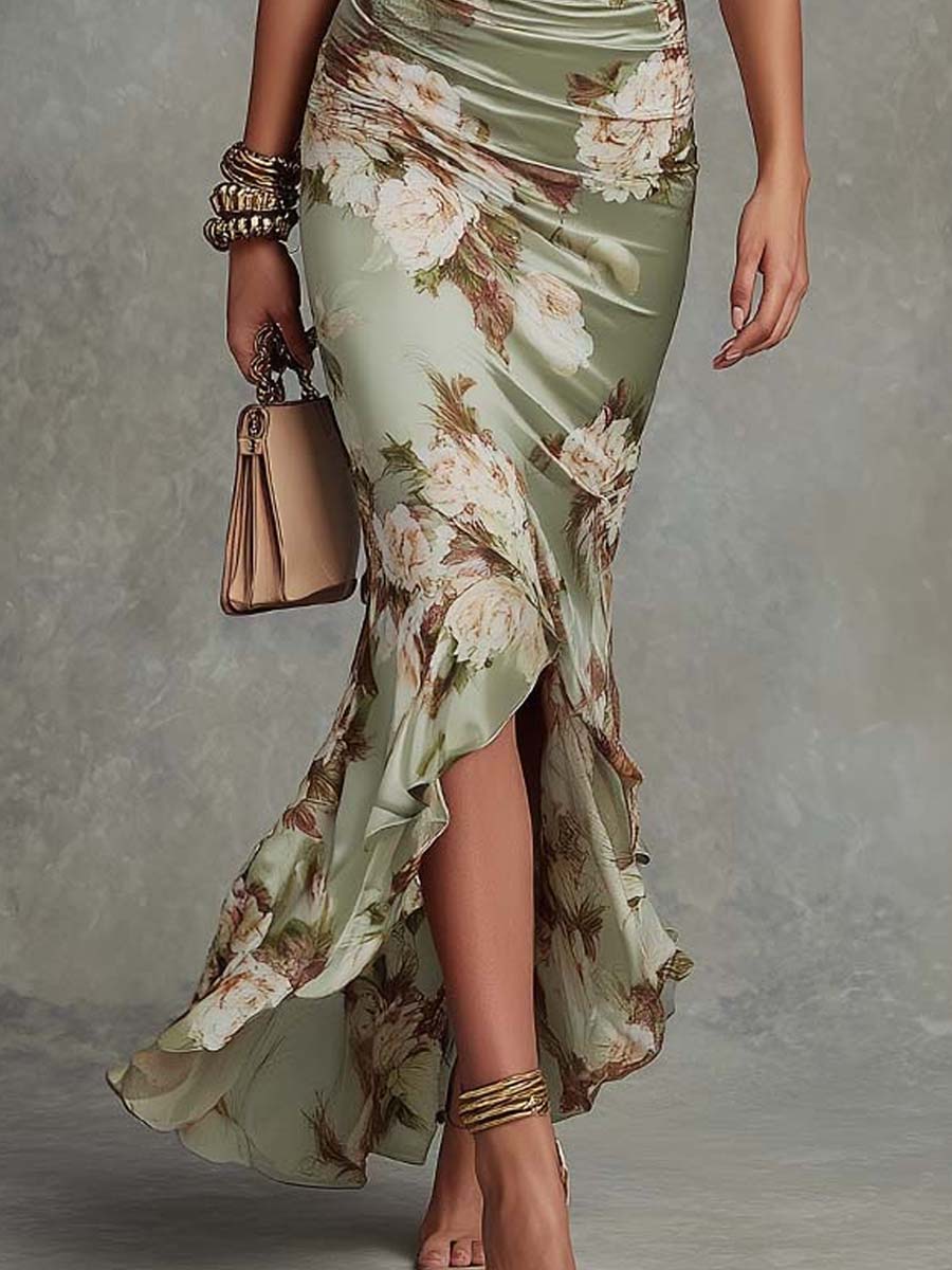 Vestido Maxi Asimétrico en Satén Verde Floral