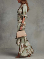 Vestido Maxi Asimétrico en Satén Verde Floral
