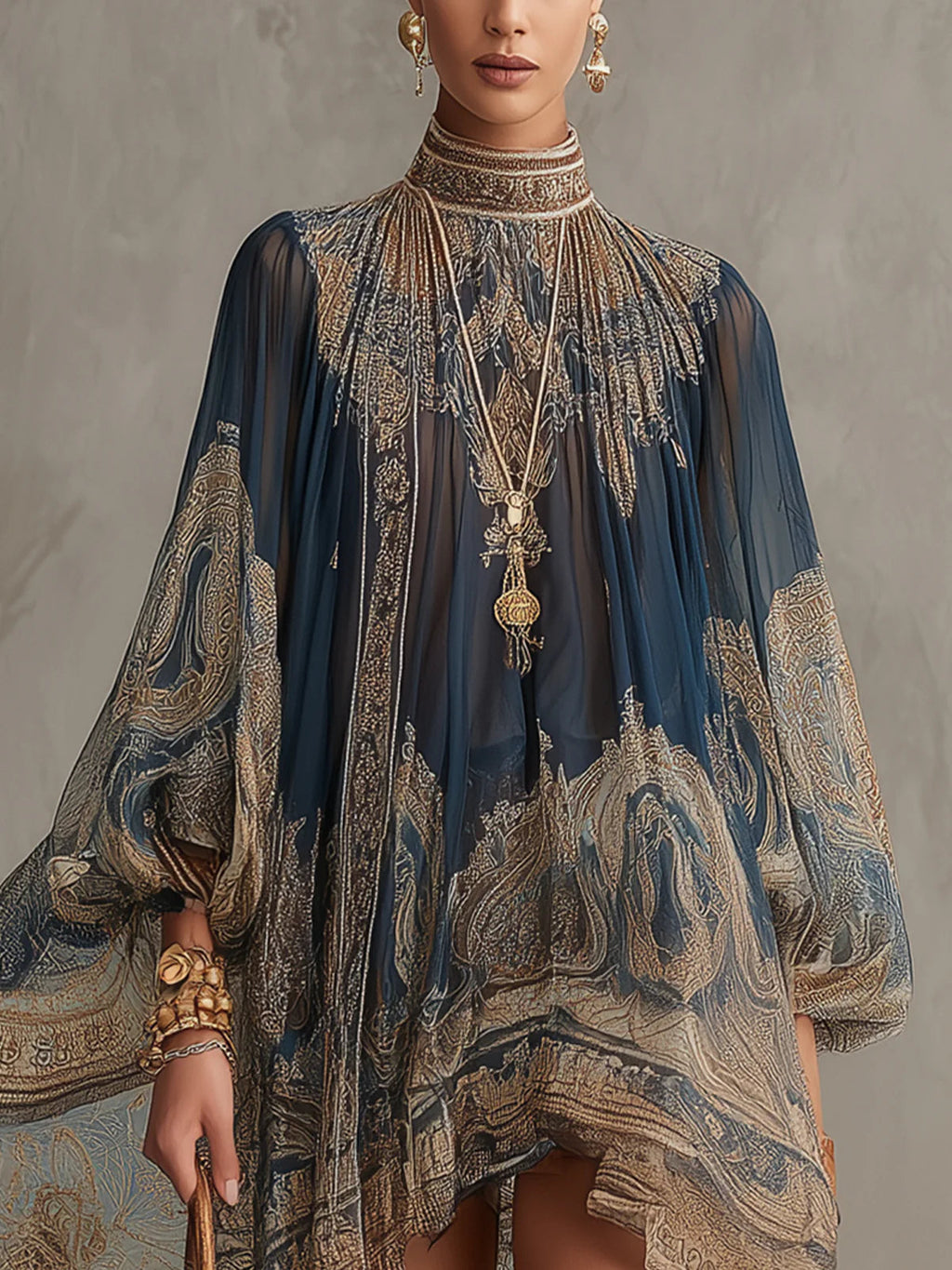 Vestido Mini en Chiffon con Estampado Barroco Azul Marino