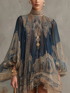 Vestido Mini en Chiffon con Estampado Barroco Azul Marino