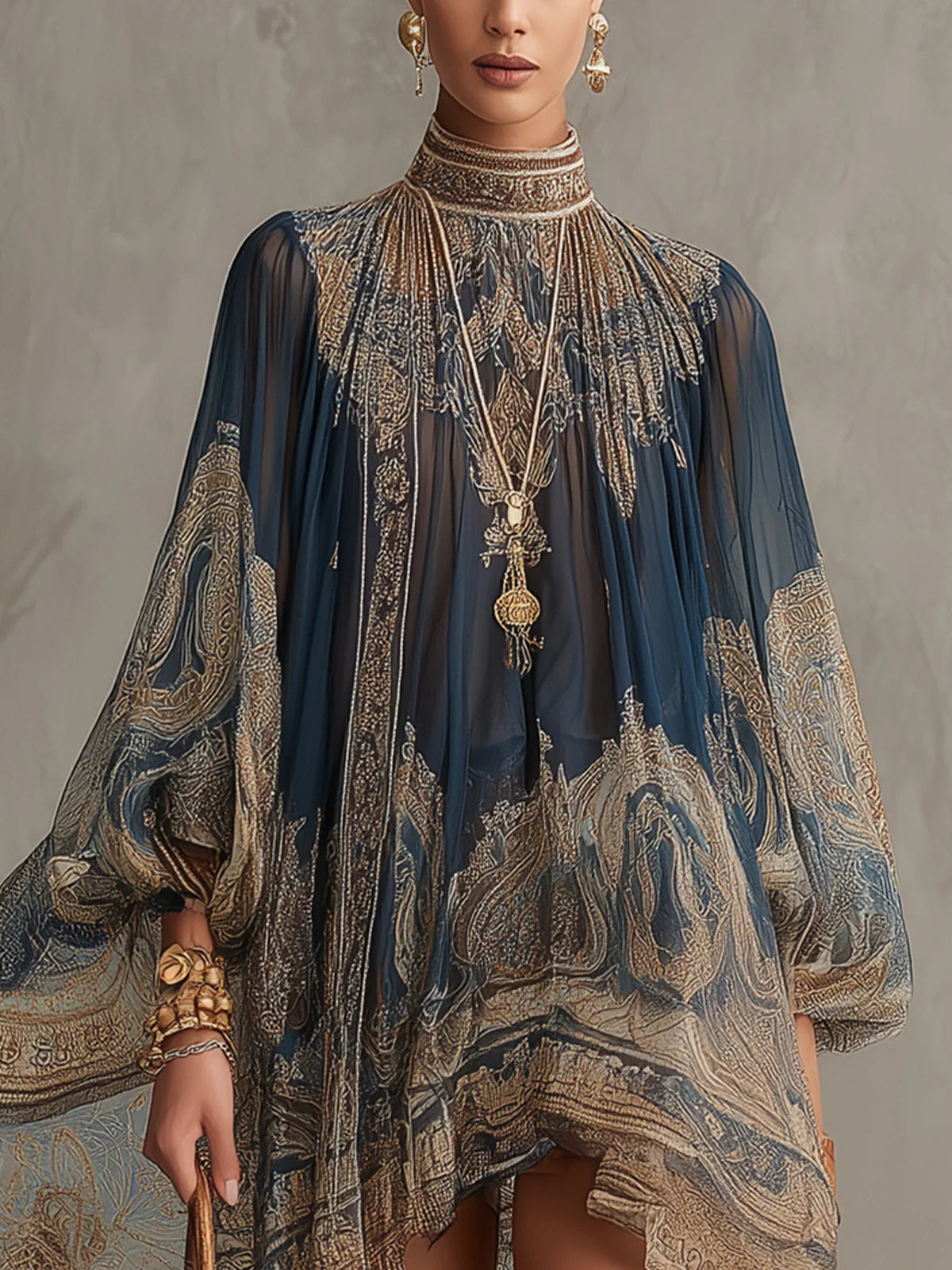 Vestido Mini en Chiffon con Estampado Barroco Azul Marino
