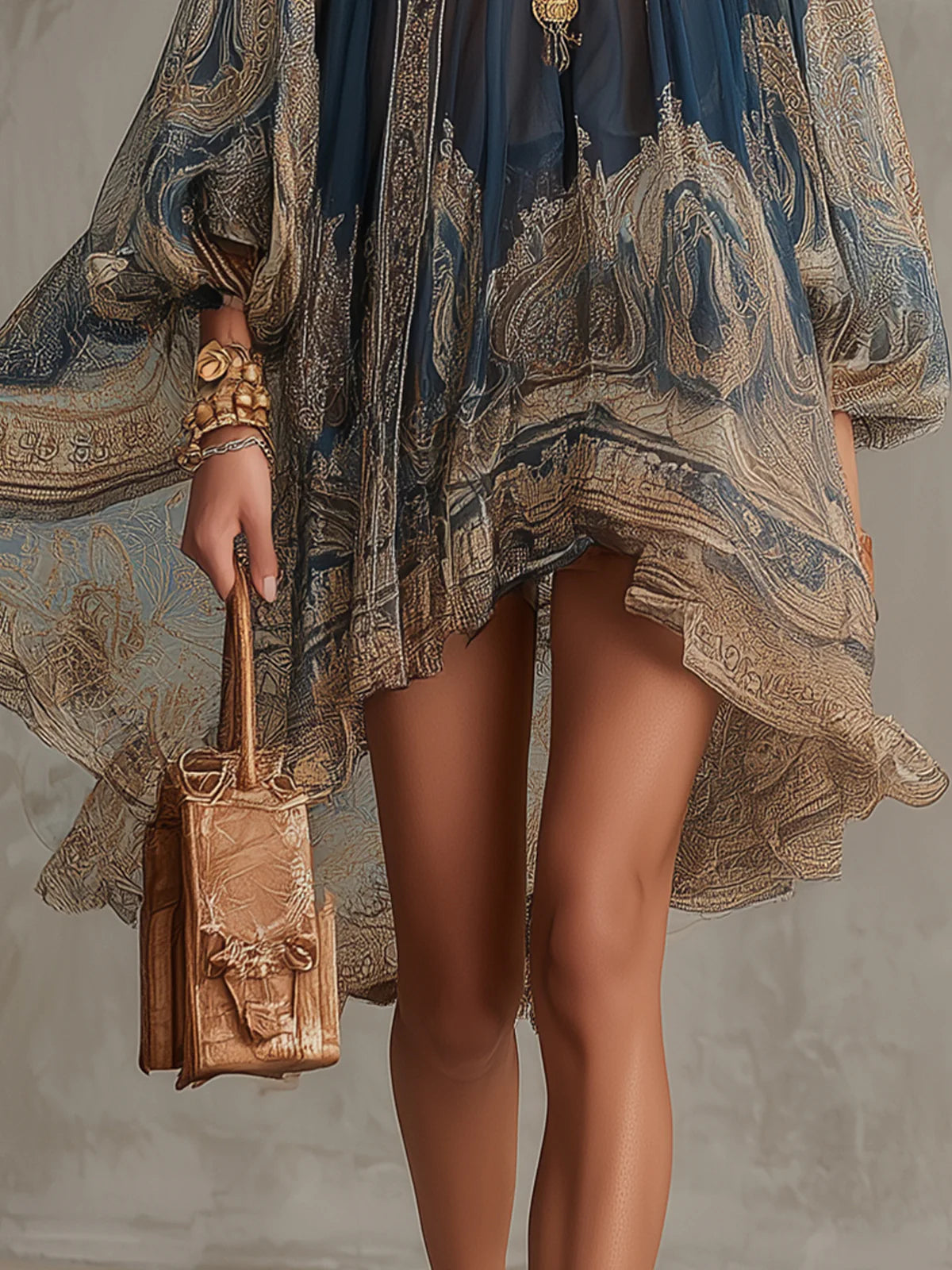 Vestido Mini en Chiffon con Estampado Barroco Azul Marino