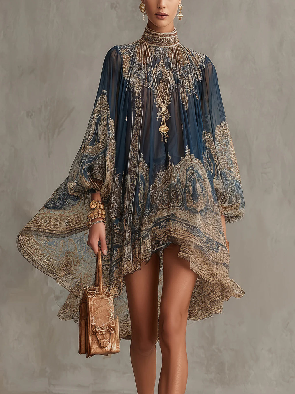 Vestido Mini en Chiffon con Estampado Barroco Azul Marino