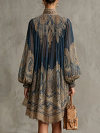 Vestido Mini en Chiffon con Estampado Barroco Azul Marino