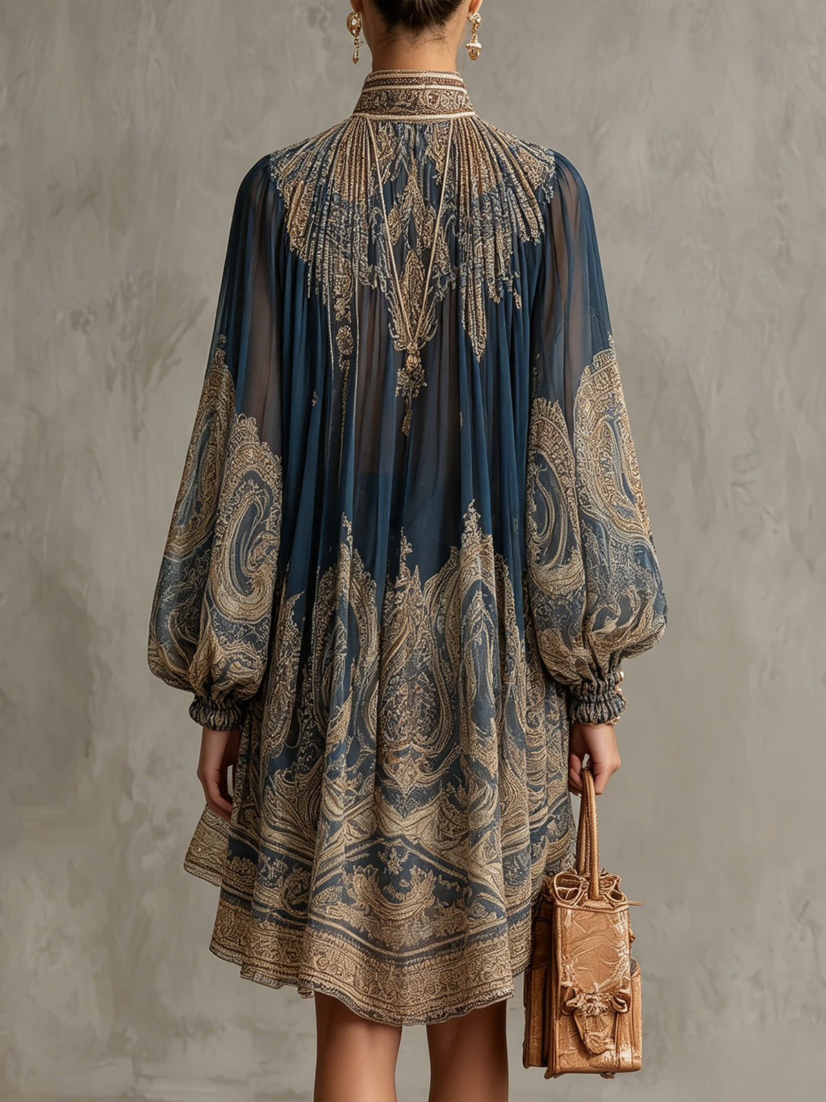 Vestido Mini en Chiffon con Estampado Barroco Azul Marino