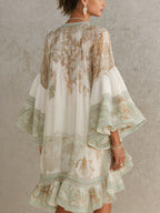 Vestido Mini en Chiffon de Rayas con Mangas de Volante Verde