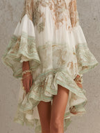 Vestido Mini en Chiffon de Rayas con Mangas de Volante Verde