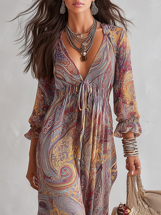 Vestido Maxi en Chiffon con Estampado Paisley y Escote en V