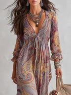 Vestido Maxi en Chiffon con Estampado Paisley y Escote en V