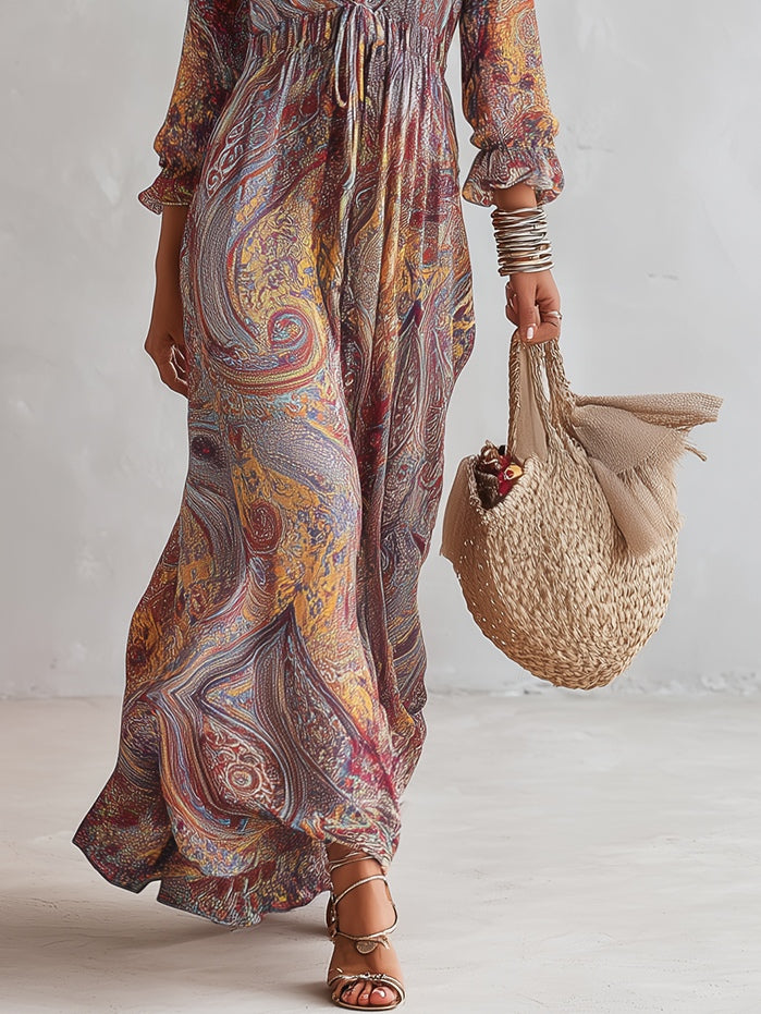 Vestido Maxi en Chiffon con Estampado Paisley y Escote en V