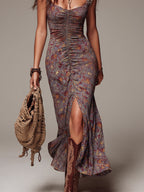 Vestido Maxi Floral Plisado Gris Púrpura