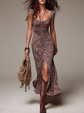 Vestido Maxi Floral Plisado Gris Púrpura