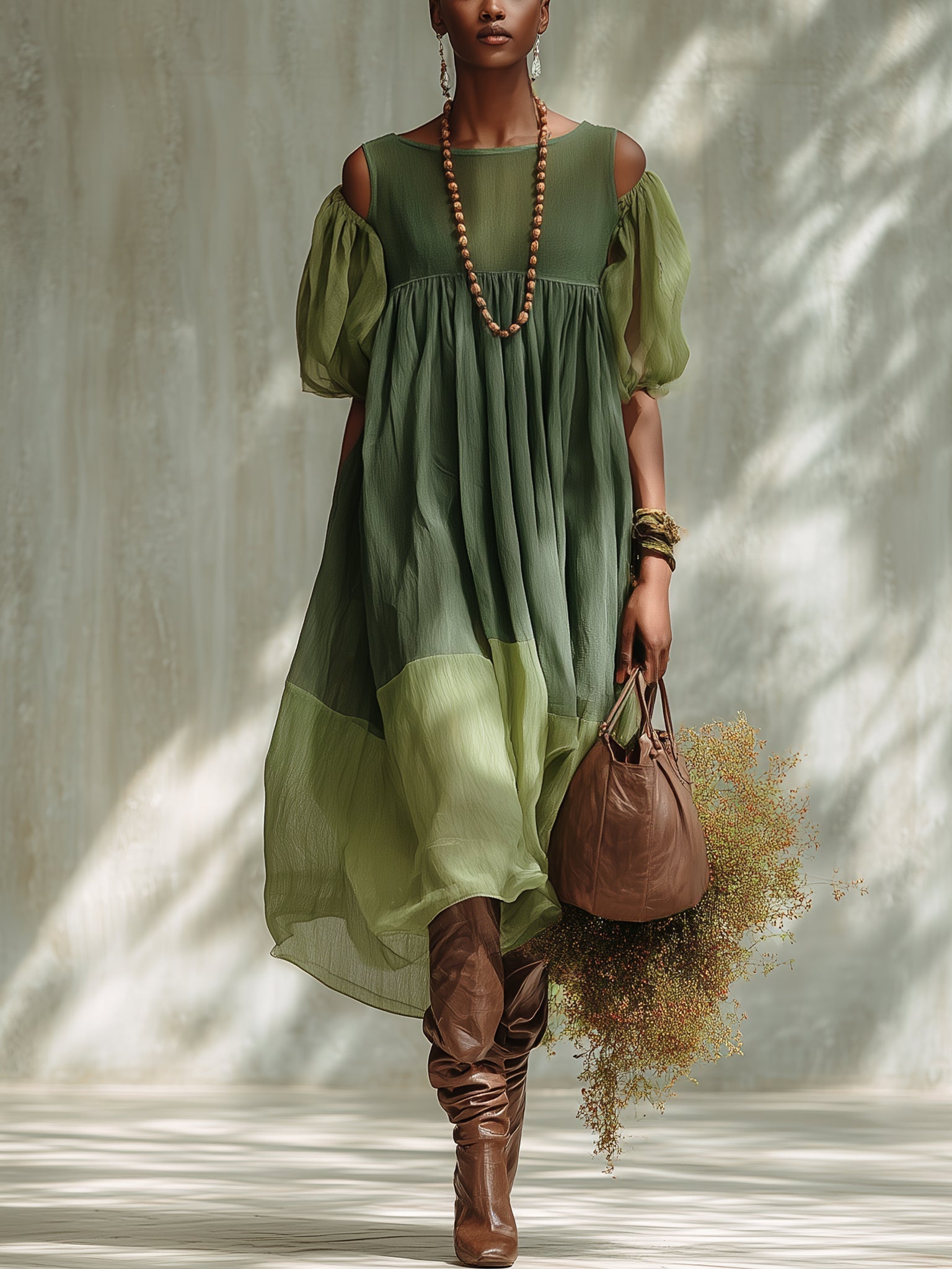 Vestido Midi en Chiffon Verde con Hombros Descubiertos