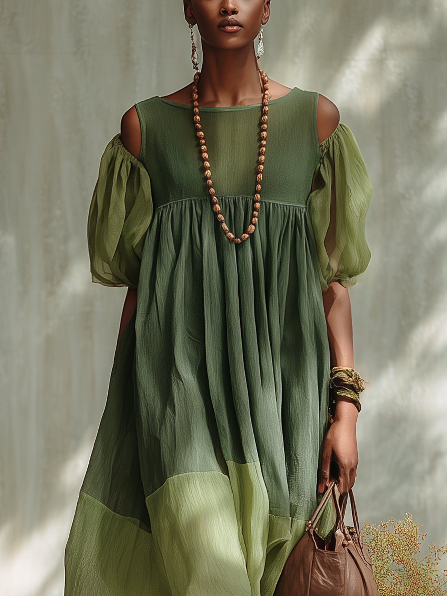 Vestido Midi en Chiffon Verde con Hombros Descubiertos