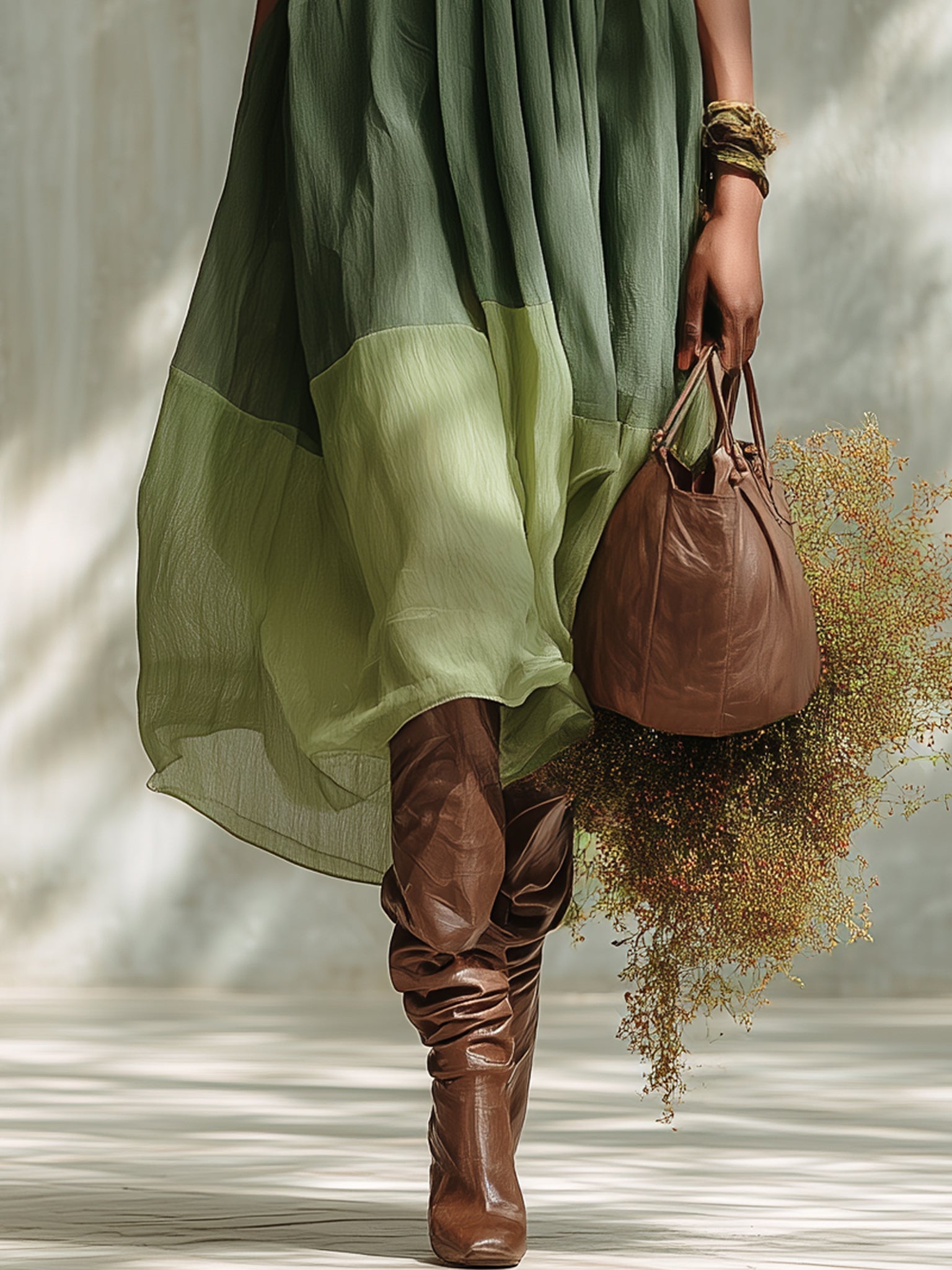 Vestido Midi en Chiffon Verde con Hombros Descubiertos