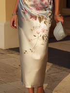 Vestido Midi en Satén con Estampado Floral y Hombro Descubierto