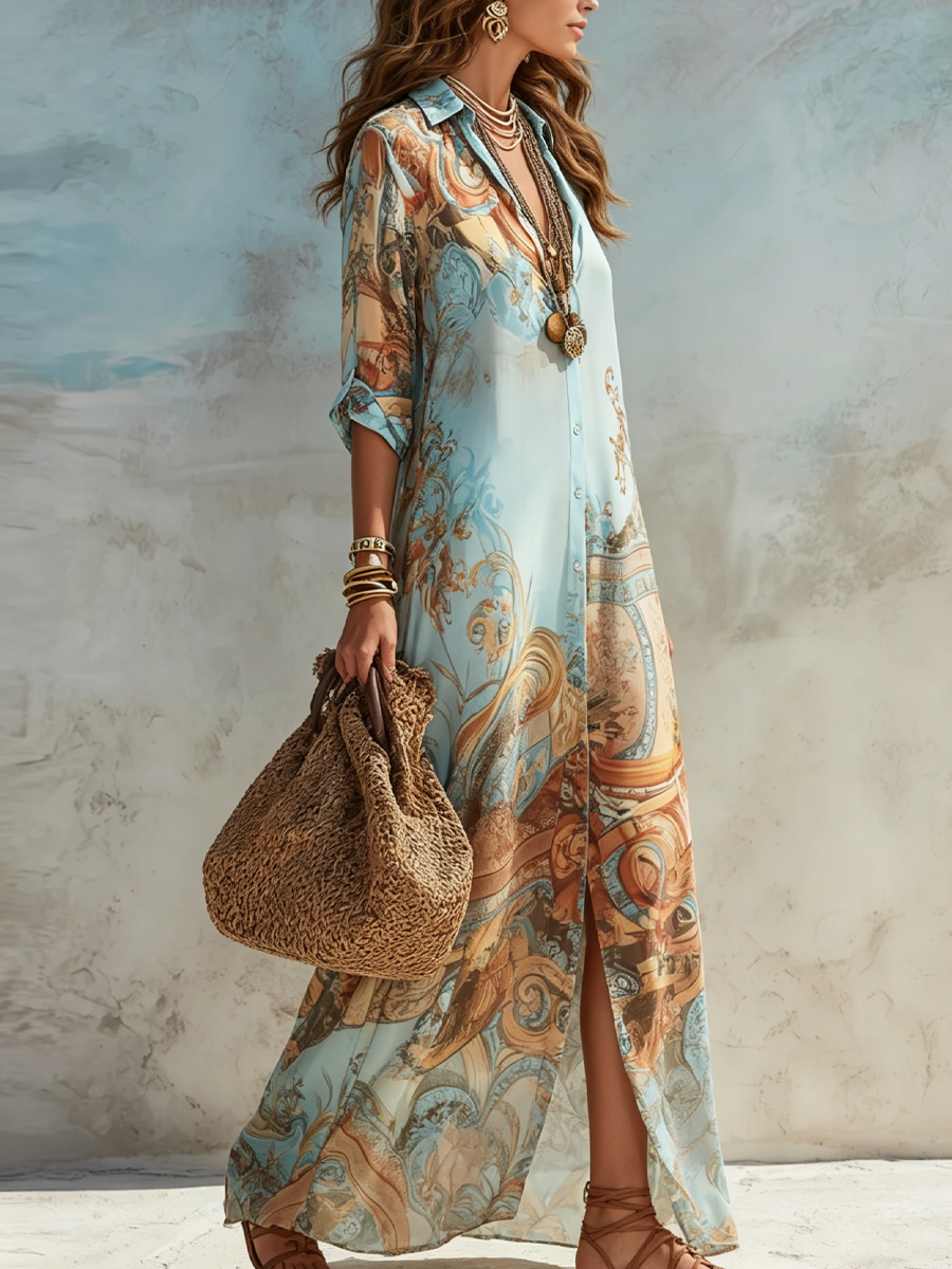 Vestido Maxi Azul con Estampado Floral