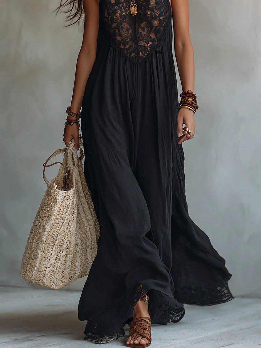 Vestido Maxi Negro Sin Mangas con Encaje Bohemio