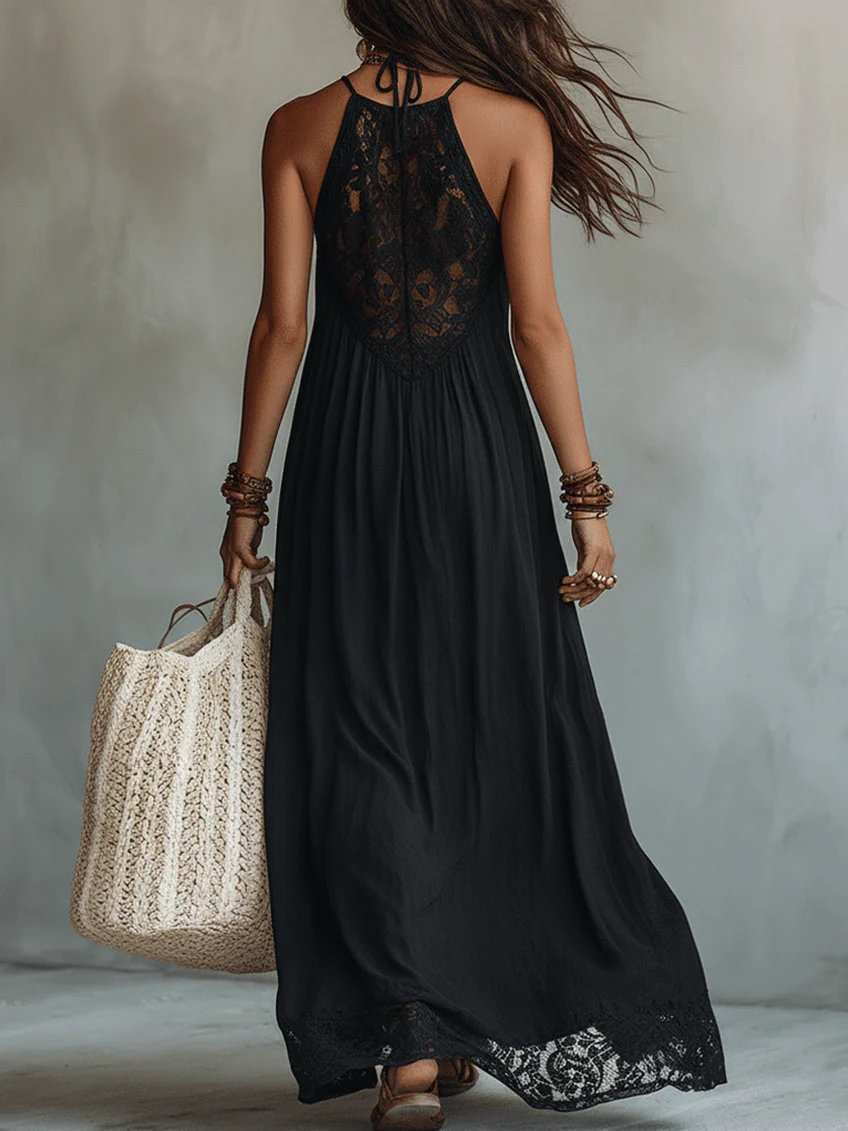Vestido Maxi Negro Sin Mangas con Encaje Bohemio